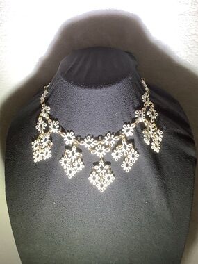 Gold and White Floral Filigree Drop Necklace - Women Jewelry